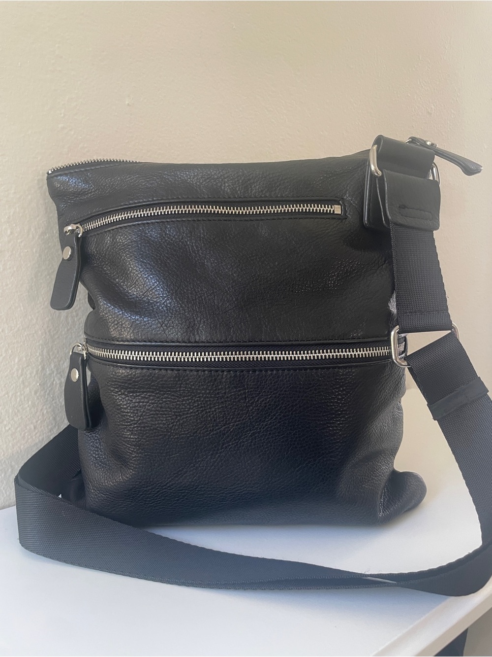 margot Black Leather Messenger Bag with Silver Hardware